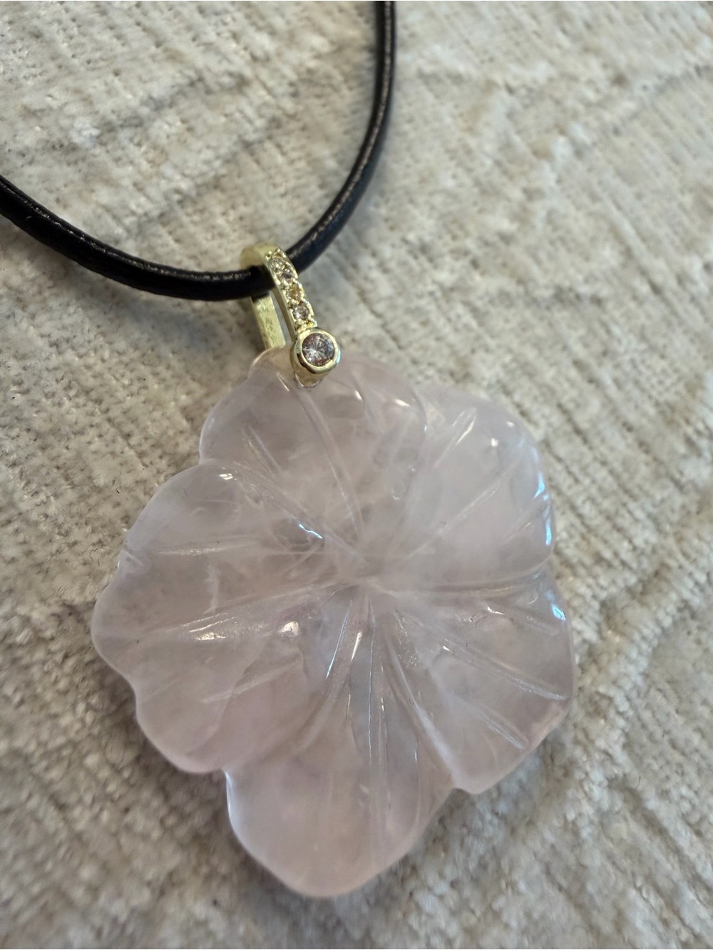Rose Quartz Flower Pendant on  leather choker Necklace - 14-15” 14k gold plated